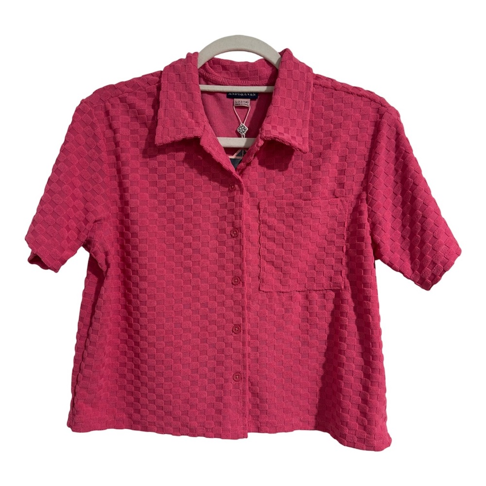 Andy & Evan Hot Pink Terry Button Up Shirt Checkered Textured Top L 12/14 NEW